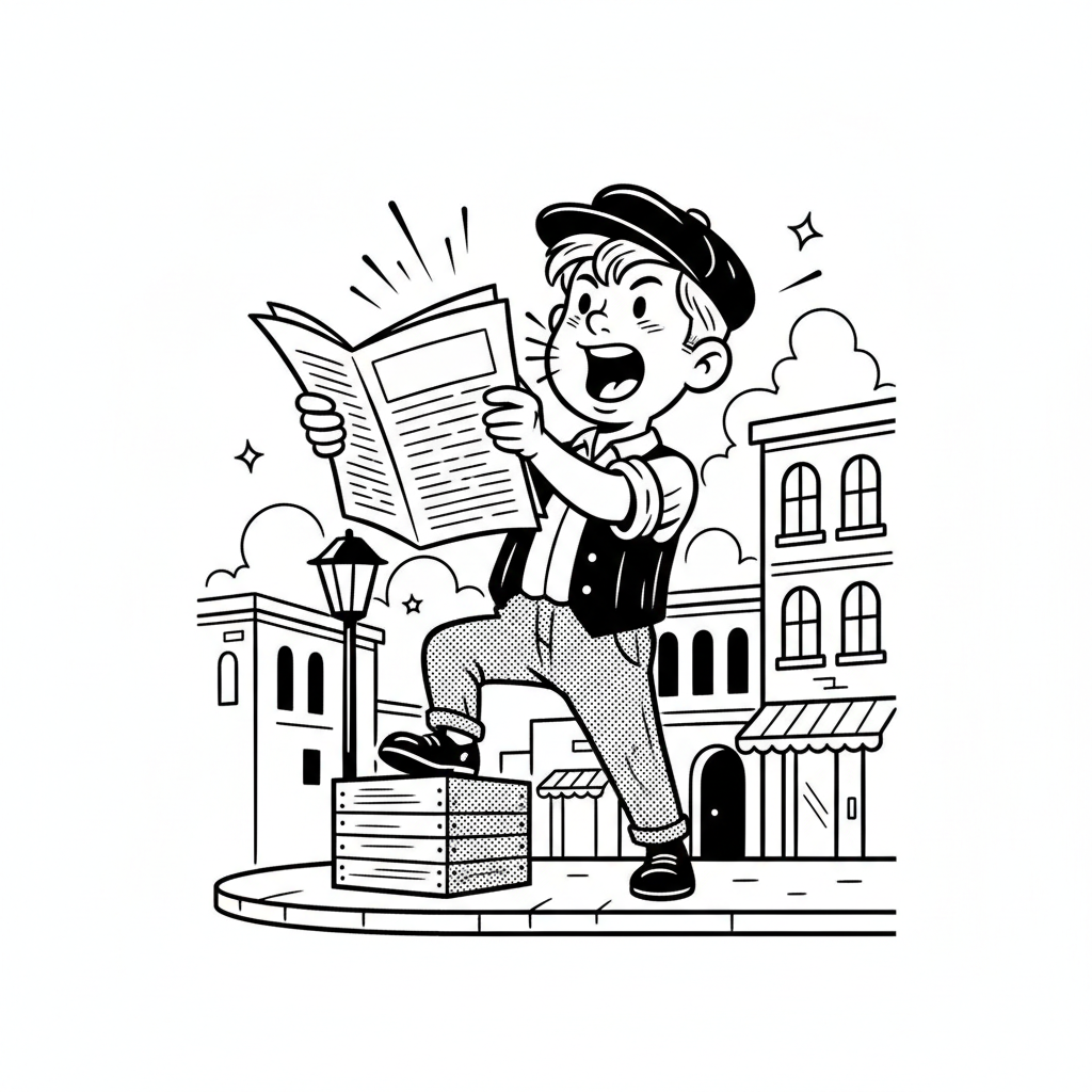 Black and white cartoon illustration of an energetic newsboy standing on a city street, holding up a newspaper and hollering, with no visible text on the newspaper (no “extra extra” words), clean vintage comic style, simple and not too busy, designed as a square accent image beside a newsletter sign-up section.