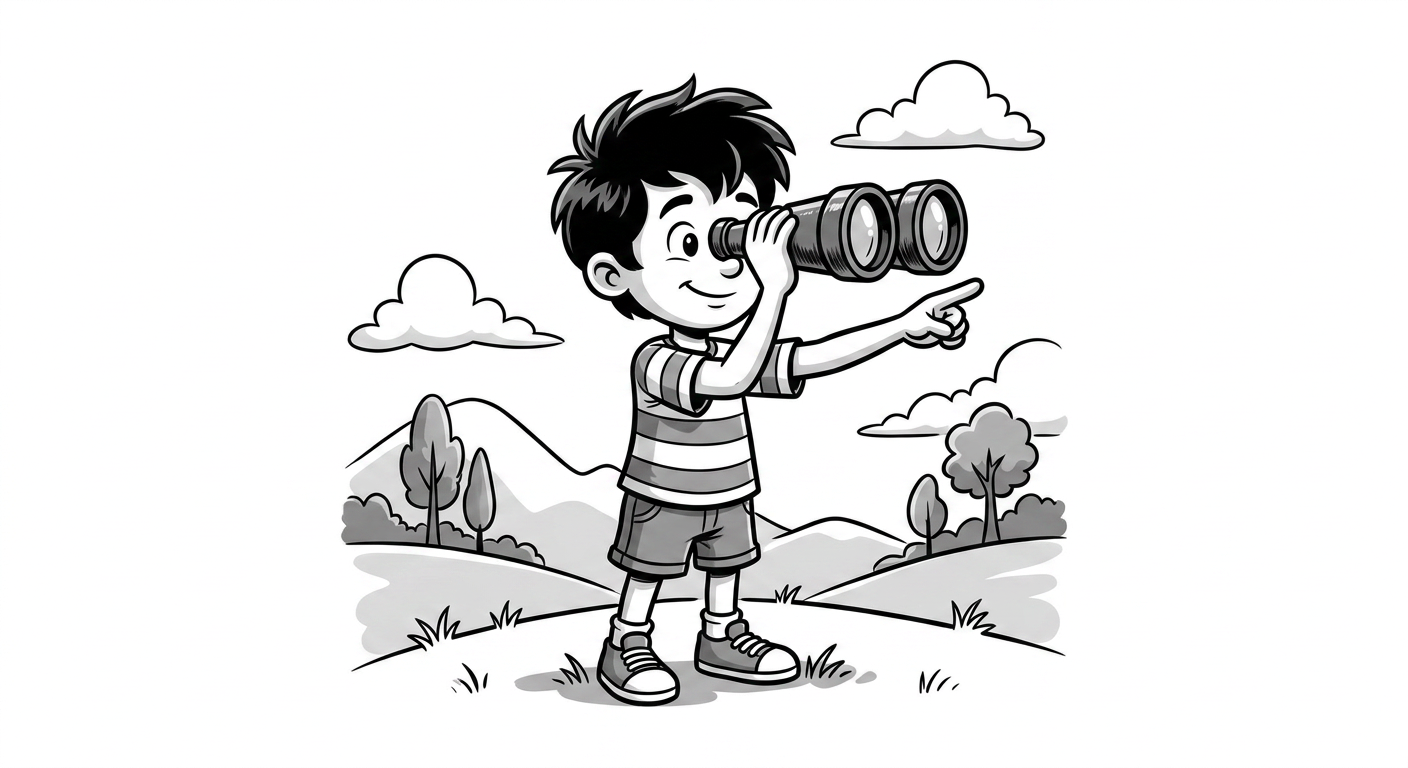 Young boy using binoculars and pointing outdoors with hills and trees in background