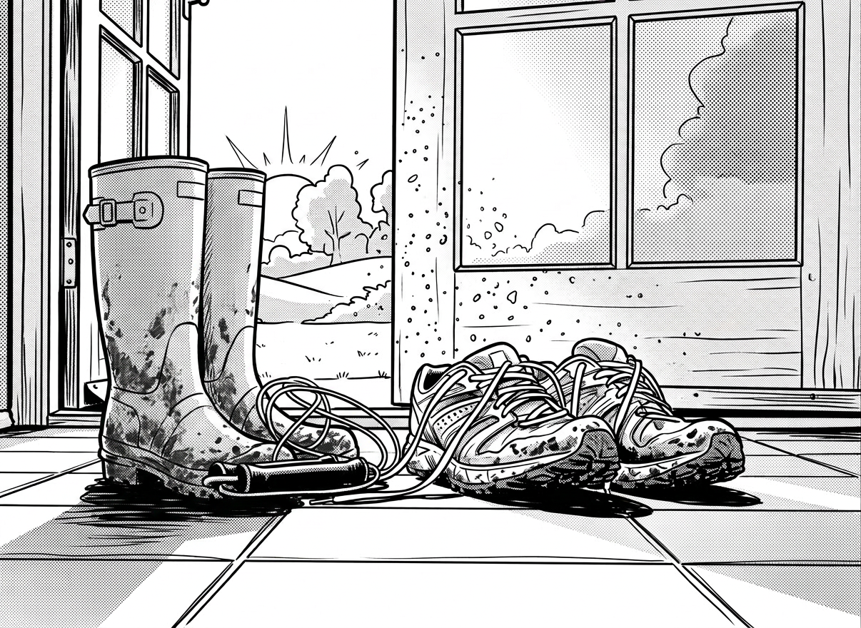 Worn running shoes, books, and jump rope on tiled floor near open door with sunrise view